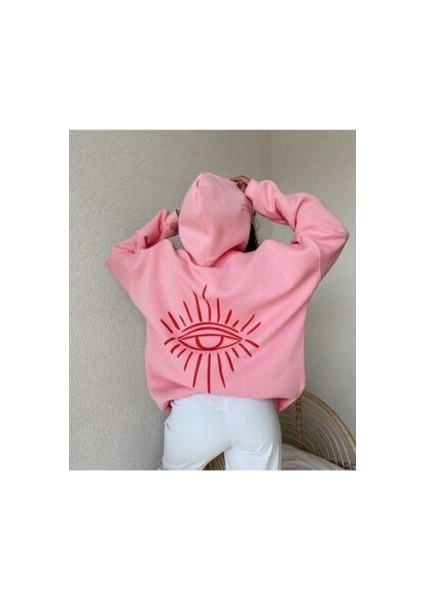 Unisex Göz Baskılı Oversize Kapüşonlu Sweatshırt