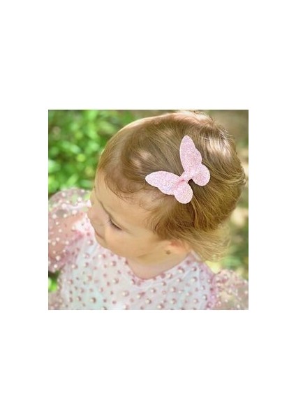 Simli Kelebek Klipsli Çocuk Tokası, 6cm- Salmon Pink