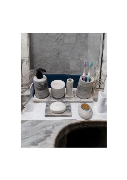 7'li Mermer Desenli Banyo Seti,sıvı Sabunluk Diş Fırçalığı Beton Aksesuar Takım