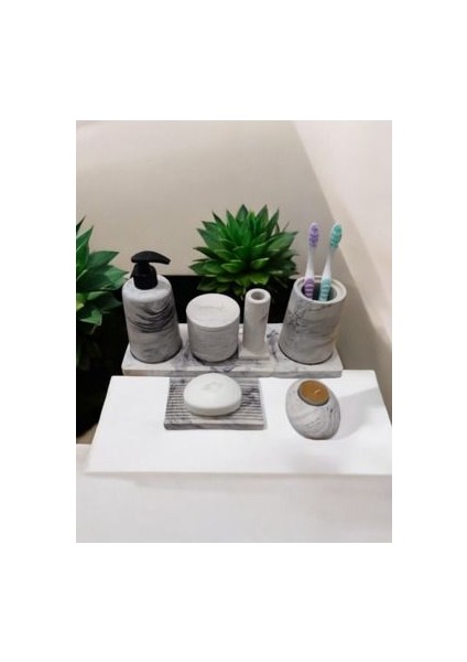 7'li Mermer Desenli Banyo Seti,sıvı Sabunluk Diş Fırçalığı Beton Aksesuar Takım