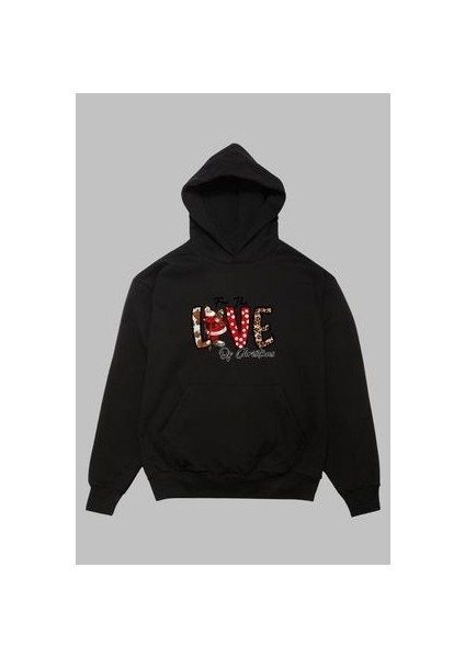 Unisex Hoodie Regular Kesim Uzun Kollu Yılbaşı Love Baskılı Kapüşonlu Sweatshirt Oversize Pamuk