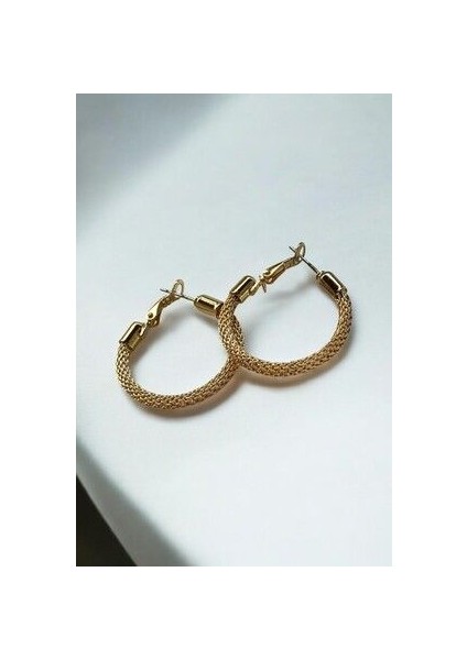 Büyük Hasır Halka Küpe Gold - Hasır Model Simli Örgü Model Gold Halka Küpe