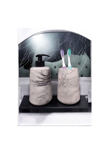 Mermer Desenli Gri Beton Banyo Seti Sıvı Sabunluk Aksesuar Takım