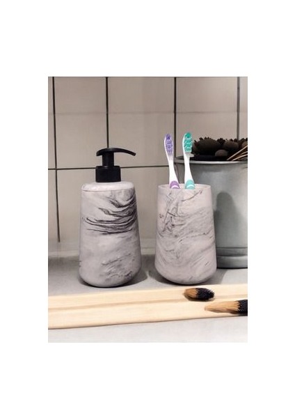 Mermer Desenli Gri Beton Banyo Seti Sıvı Sabunluk Aksesuar Takım