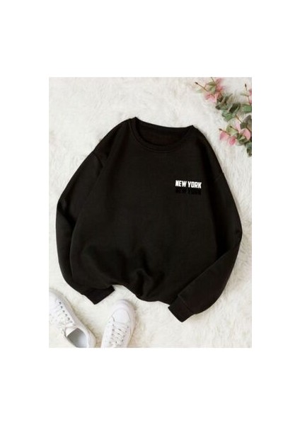 Unisex New York Baskılı Bisiklet Yaka Oversize Sweatshırt