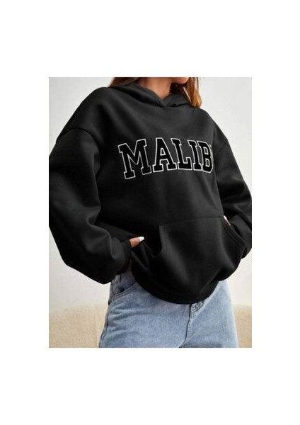 Unisex Malibu Baskılı Oversize Kapüşonlu Sweatshırt