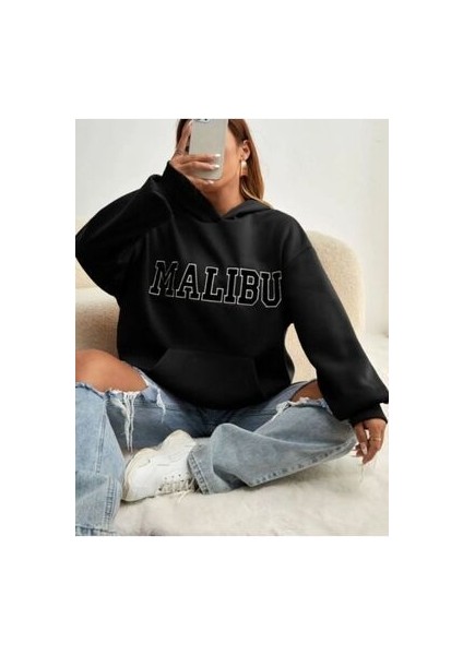 Unisex Malibu Baskılı Oversize Kapüşonlu Sweatshırt modelleri
