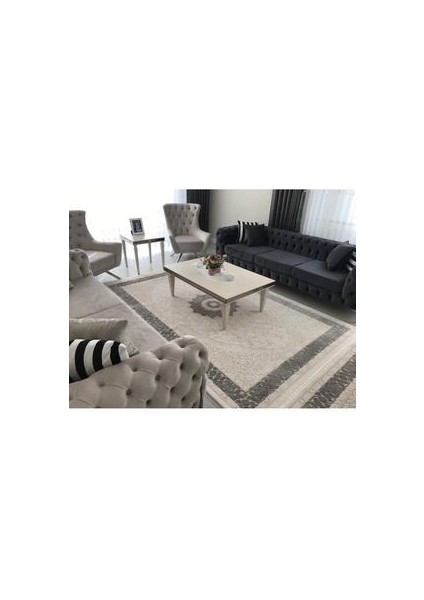 Troy Krem Gri Akrilik Dokuma Çerçeveli Desenli Yün Halı Kalitesinde Salon Oturma Odası Halısı