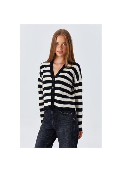 6892 Kadın Çizgili Dokulu Hırka Siyah