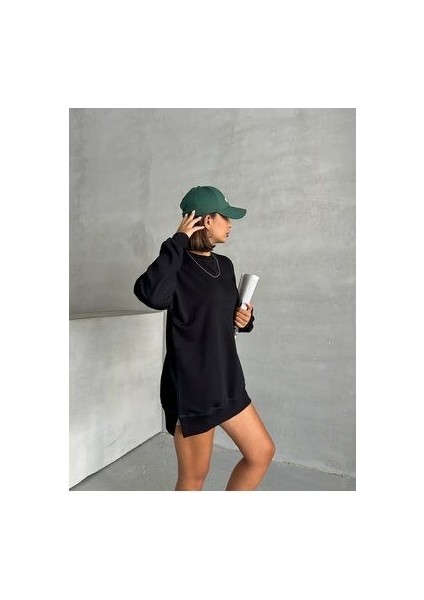 Kadın Siyah Dikiş Detaylı Oversize 3 Iplik Sweatshirt modelleri