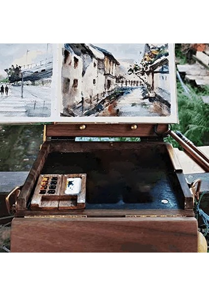 Izgara Taşınabilir Eskiz Defteri Paleti, Ahşap Renk Paleti Kutusu, Klipsli Mini Seyahat Boya Tepsisi Kutusu (Boyasız) (Yurt Dışından)