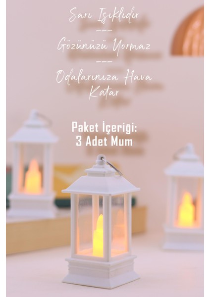 3 Adet LED Mum Mini Dörtgen Tip Pil Dahil Dumansız Alev Ledli Yapay Dekoratif Mum Işığı Beyaz PT434