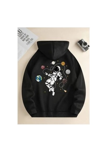 Unısex Astronot Baskılı Oversize Kapüşonlu Sweatshırt