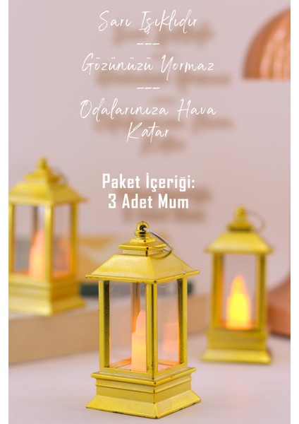 3 Adet LED Mum Mini Dörtgen Tip Pil Dahil Dumansız Alev Ledli Yapay Dekoratif Mum Işığı Altın PT434