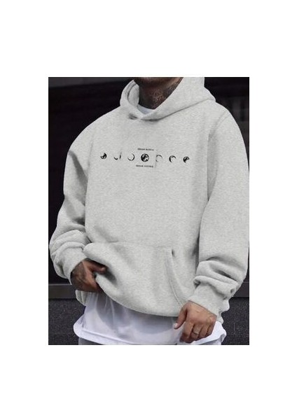 Unisex Ay Baskılı Oversize Kapüşonlu Sweatshırt