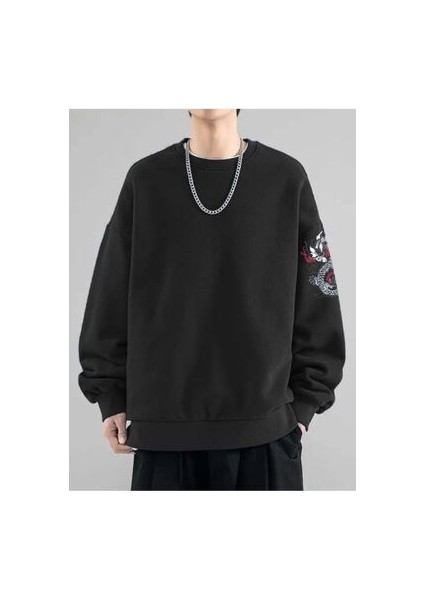 Erkek Ejderha Baskılı Oversize Bisiklet Yaka Sweatshırt