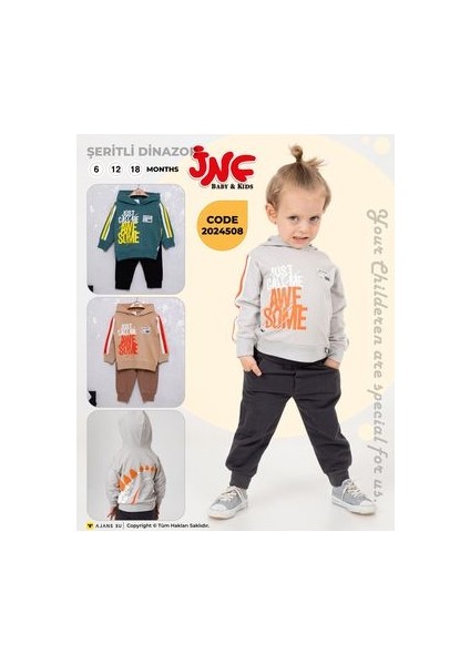 Erkek Bebek Pamuklu Şeritli Dinozor Baskılı Ikili Takım modelleri