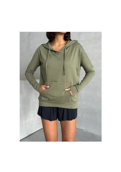 Kadın Haki Kapşonlu Cepli Mevsimlik Sweat