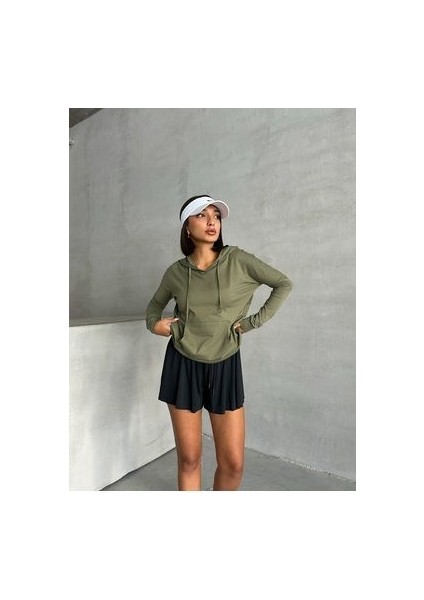 Kadın Haki Kapşonlu Cepli Mevsimlik Sweat indirimleri