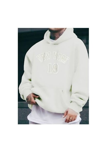 Erkek New York 19 Baskılı Kapüşonlu Oversize Sweatshırt