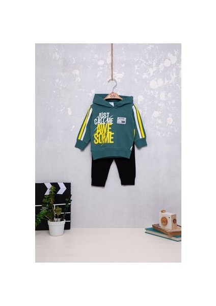 Erkek Bebek Pamuklu Şeritli Dinozor Baskılı Ikili Takım