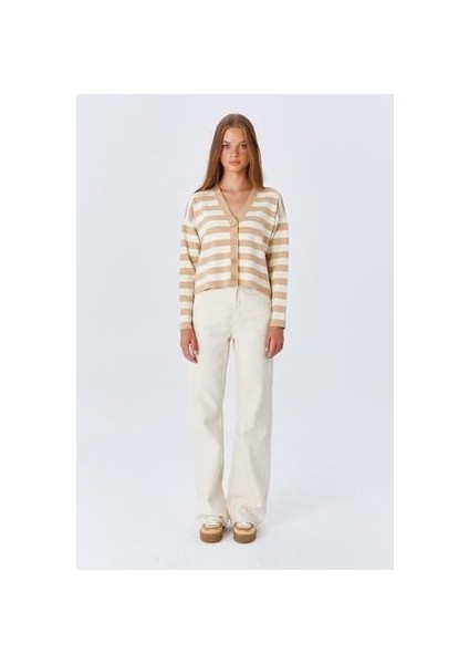 6892 Kadın Çizgili Dokulu Hırka Camel fiyatları