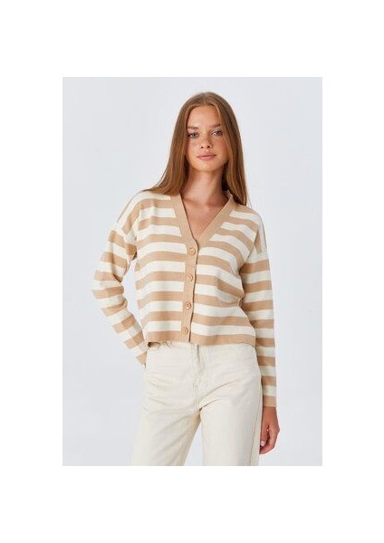 6892 Kadın Çizgili Dokulu Hırka Camel modelleri