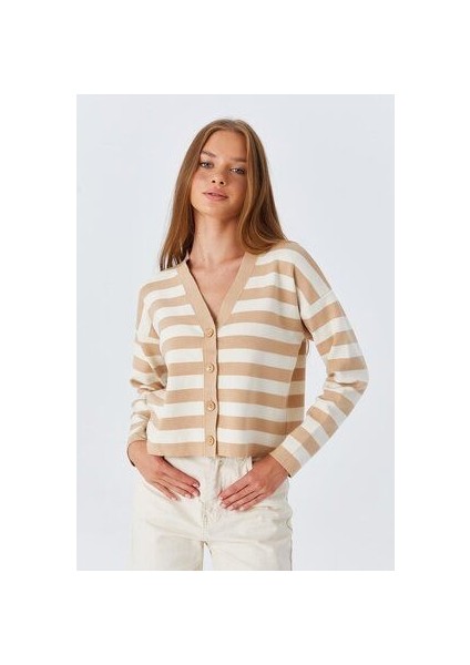 6892 Kadın Çizgili Dokulu Hırka Camel indirimleri