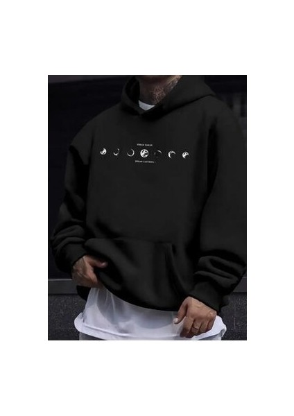 Unisex Ay Baskılı Oversize Kapüşonlu Sweatshırt