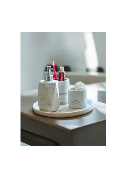 Yuvarlak Tepsili Mermer Desen Beton Banyo Seti