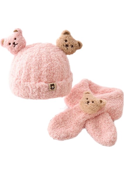 Sonbahar Ve Kış Çocuk Peluş Şapka Eşarp Iki Parçalı Set Ayı Sevimli Tarzı Pembe (Yurt Dışından)
