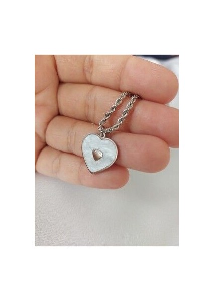 Beyaz Mineli Kalp Çelik Kolye modelleri