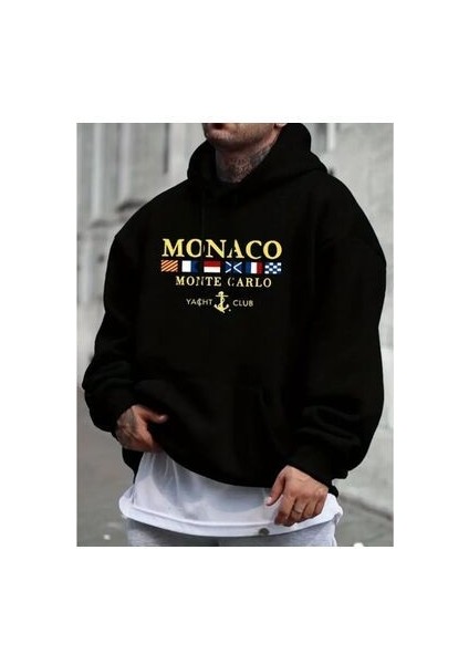 Erkek Monaco Baskılı Kapüşonlu Oversize Sweatshırt