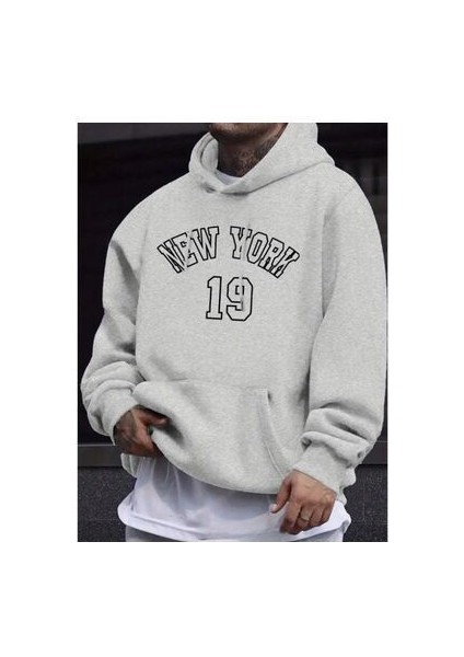 Erkek New York 19 Baskılı Kapüşonlu Oversize Sweatshırt