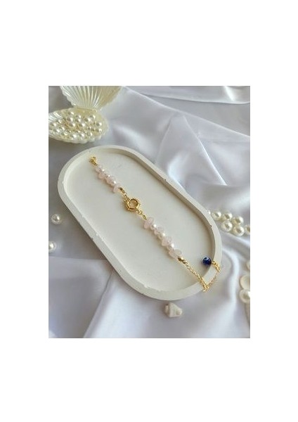 Doğal Taşlı ve Gerçek Incili Altın Takılan Gemici Kilitli Bileklik Ametist Pembe Kuvars Ay Taşı