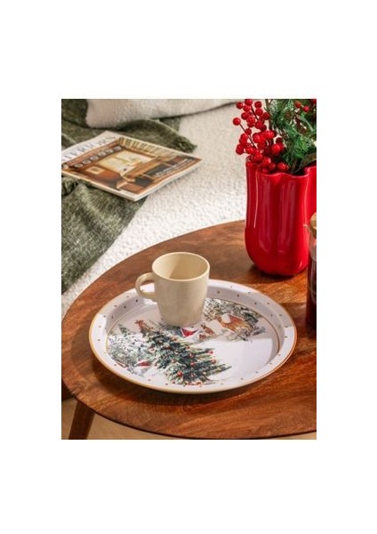 Beyaz Yılbaşı Temalı Yuvarlak Tepsi 25 cm