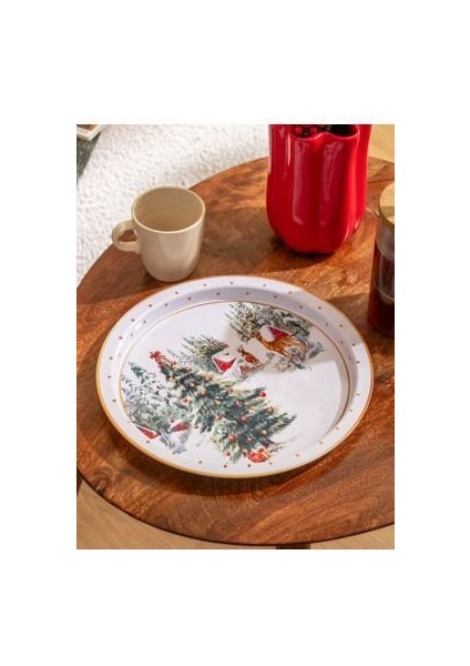 Beyaz Yılbaşı Temalı Yuvarlak Tepsi 25 cm fiyatları