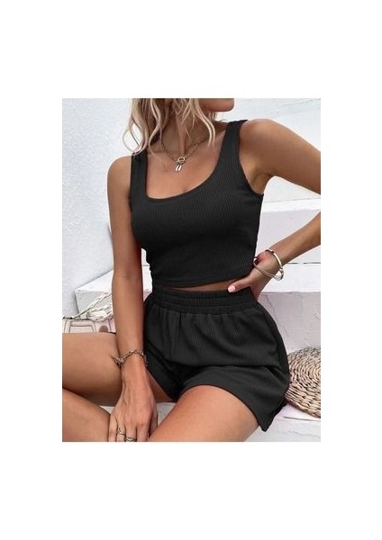 Kadın Siyah Fitilli Şort Crop Takım fırsatları