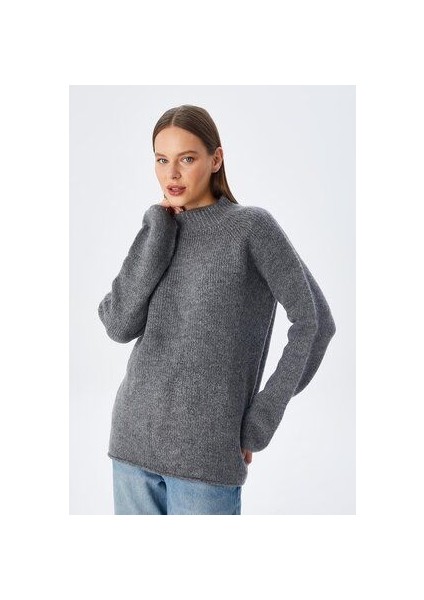 6849 Kadın Dikişsiz Dik Yaka Triko Kazak Antrasit