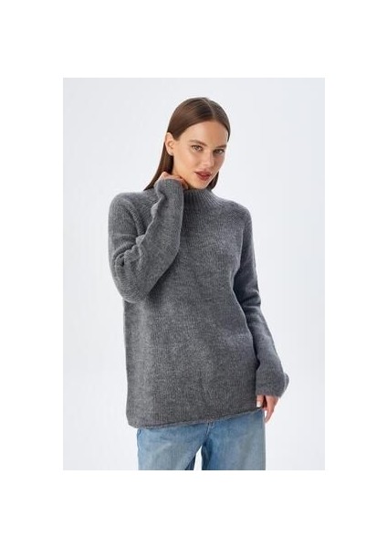 6849 Kadın Dikişsiz Dik Yaka Triko Kazak Antrasit modelleri