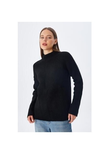 6849 Kadın Dikişsiz Dik Yaka Triko Kazak Siyah modelleri