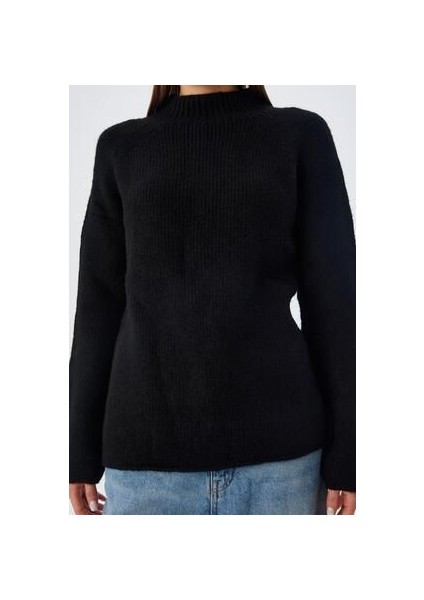 6849 Kadın Dikişsiz Dik Yaka Triko Kazak Siyah fırsatları