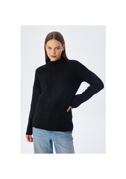 6849 Kadın Dikişsiz Dik Yaka Triko Kazak Siyah indirimleri