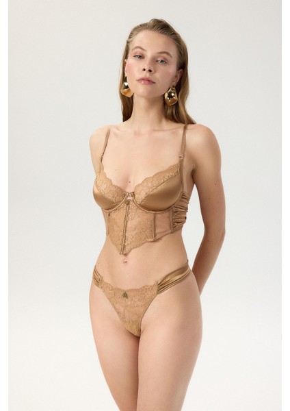 Camile Kahve Saten Dantelli Korseli Sütyen modelleri