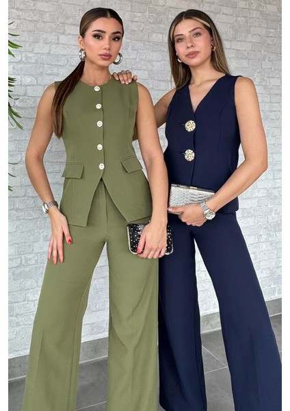 Düğme Detaylı Yelek Pantolon İkili Takım P-00012581