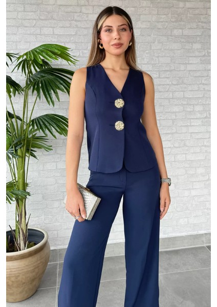 Düğme Detaylı Yelek Pantolon İkili Takım P-00012581