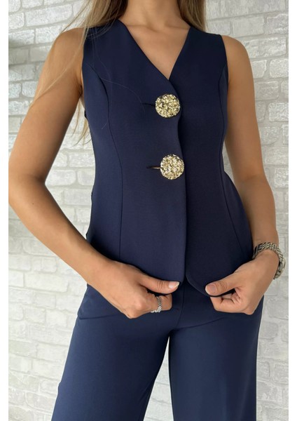 Düğme Detaylı Yelek Pantolon İkili Takım P-00012581