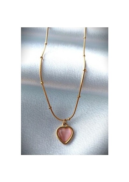 Pembe Taşlı Kalp Kolye