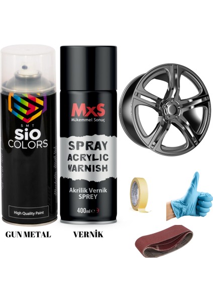 Jant Spolier Gun Metal Akrilik Vernik Sprey Boya 400 ml + Zımpara Kağıt Bant Eldiven