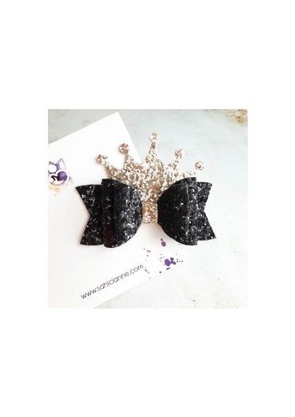 Siyah-Açık Gold Glittery Taçlı Fiyonk Klipsli Toka, 10CM